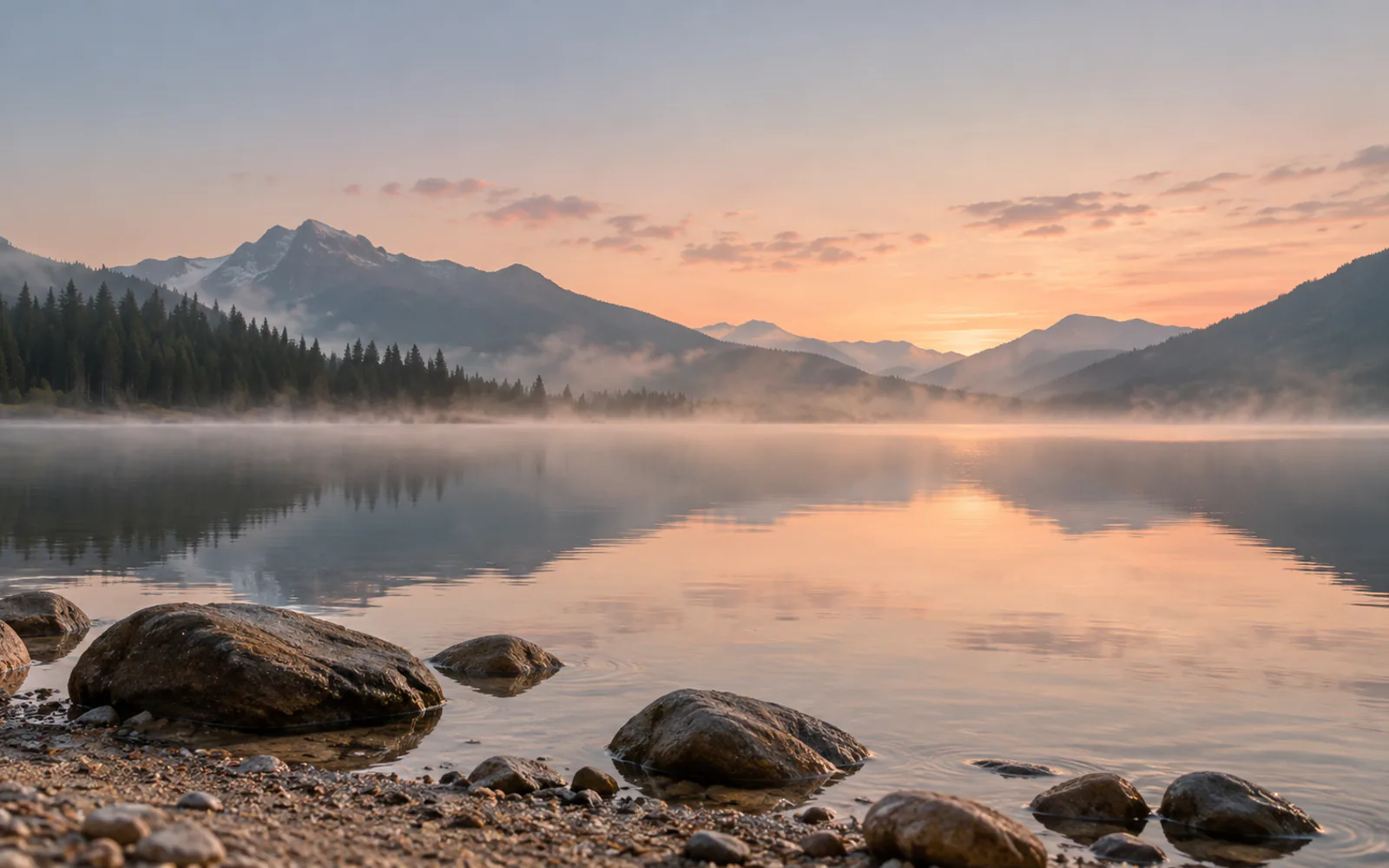 Mist rises over a still mountain lake in soft dawn light.