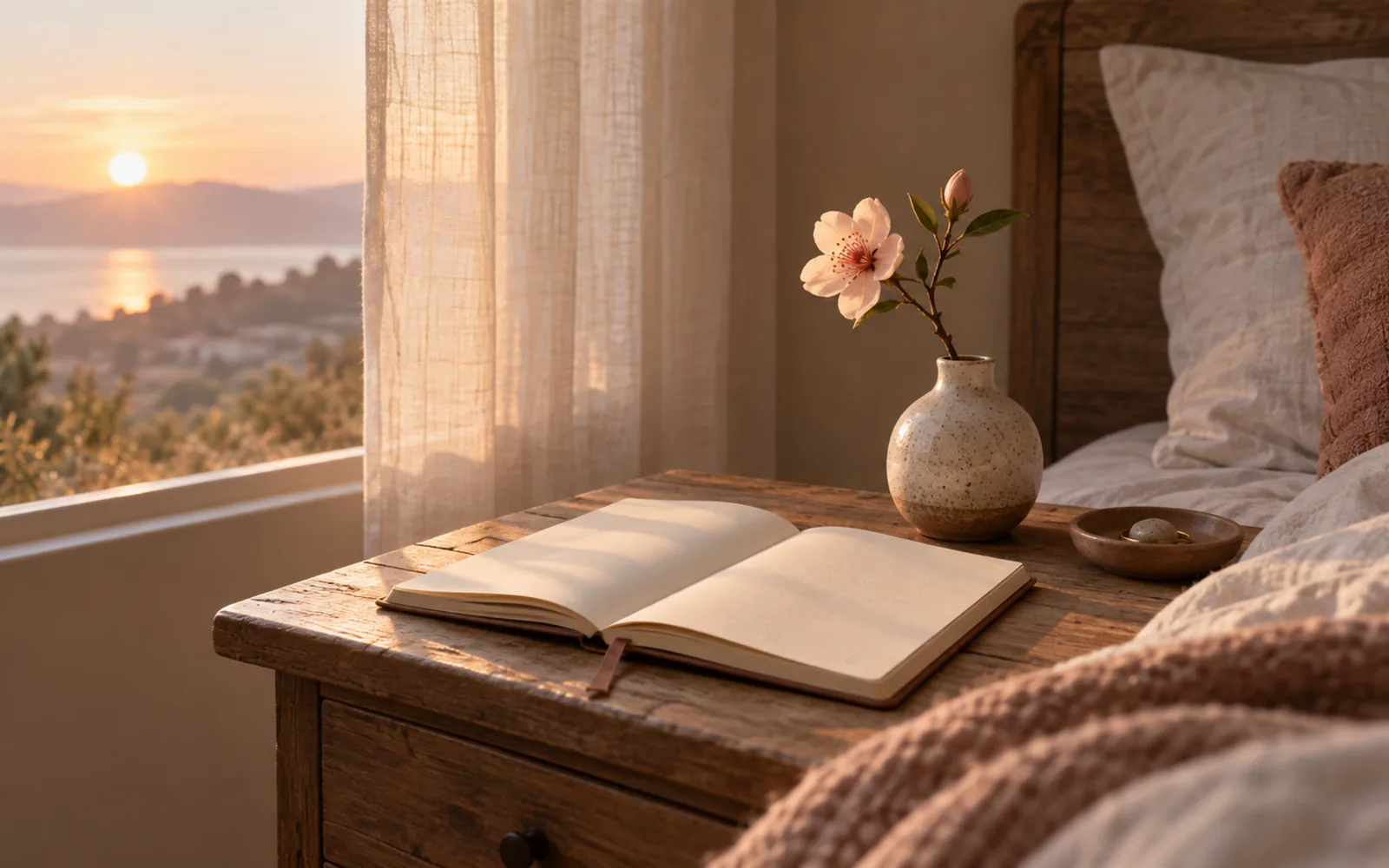 Open blank journal and a peach blossom on a bedside table at sunrise.
