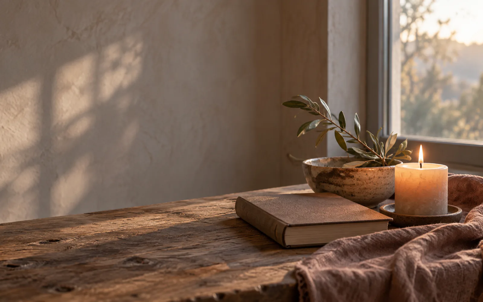 A candle and unmarked book in quiet morning light.