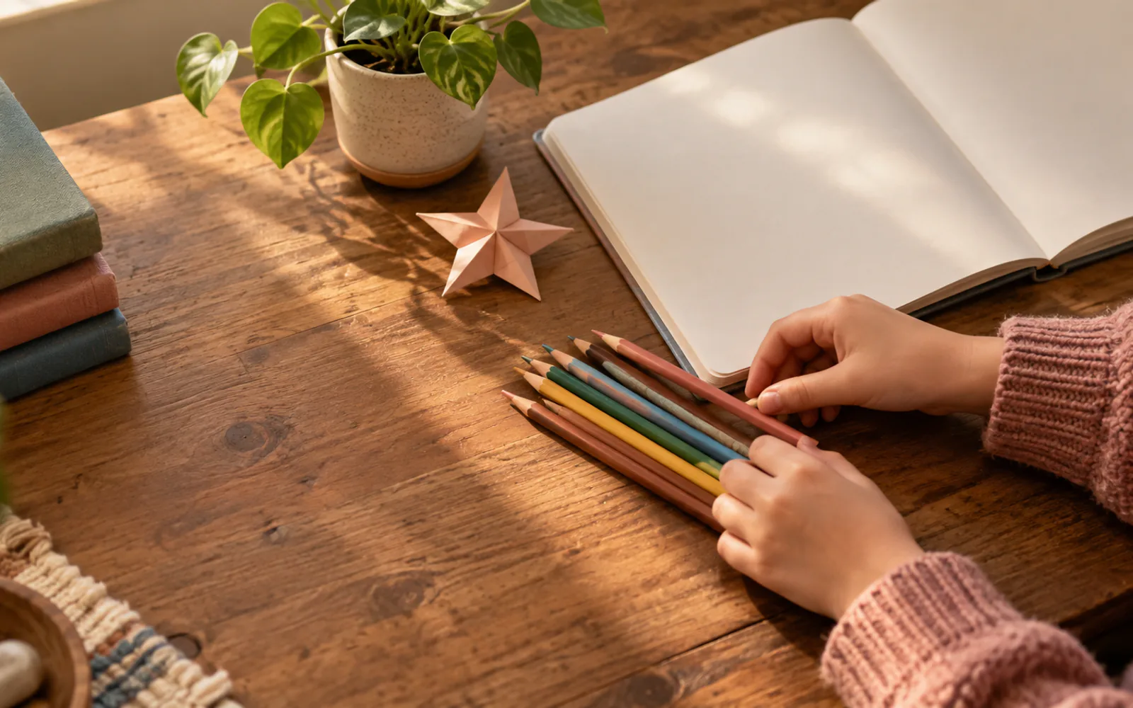 Colored pencils and a blank workbook at a child's desk.