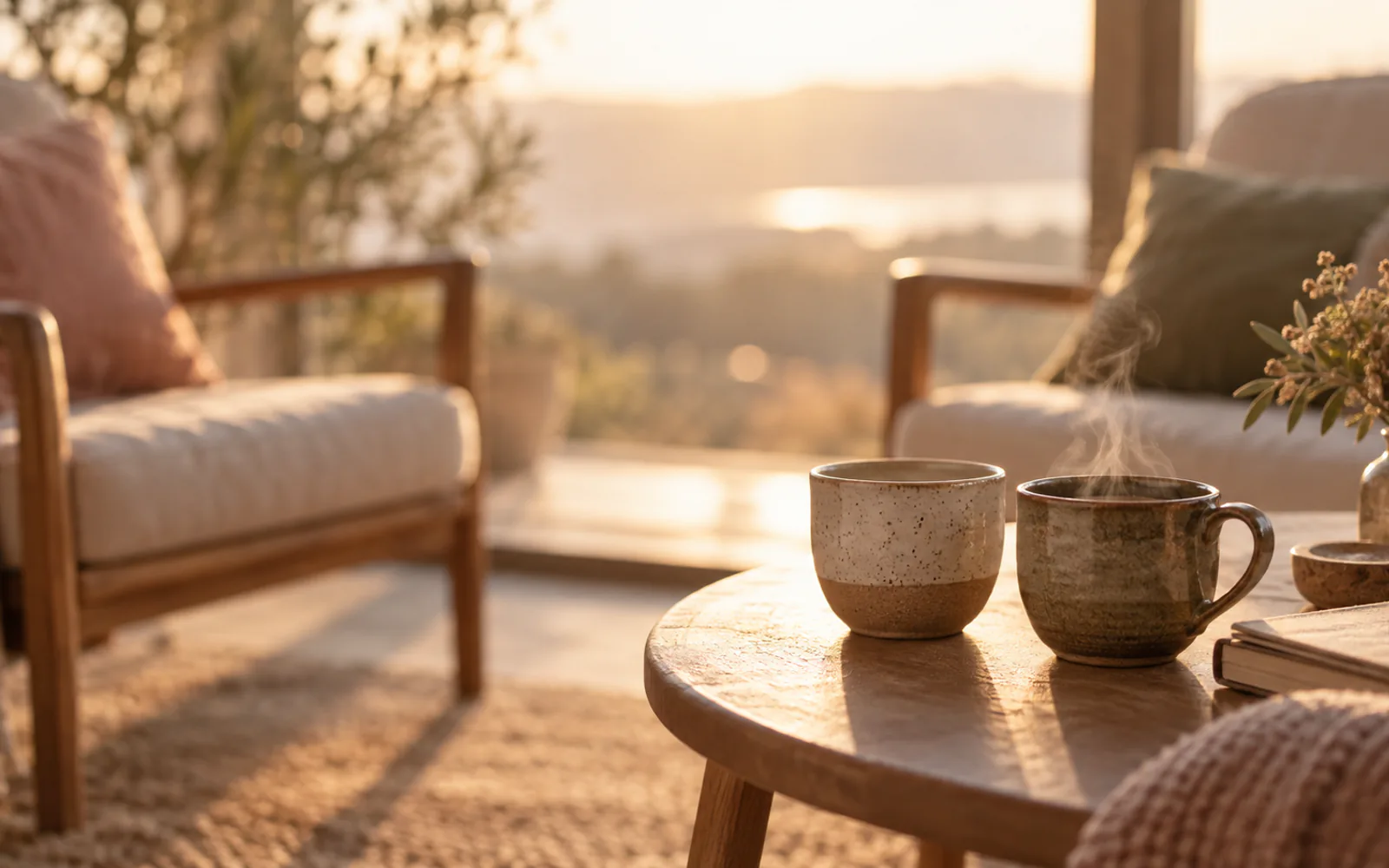 Two handmade ceramic cups together on a sunlit table.