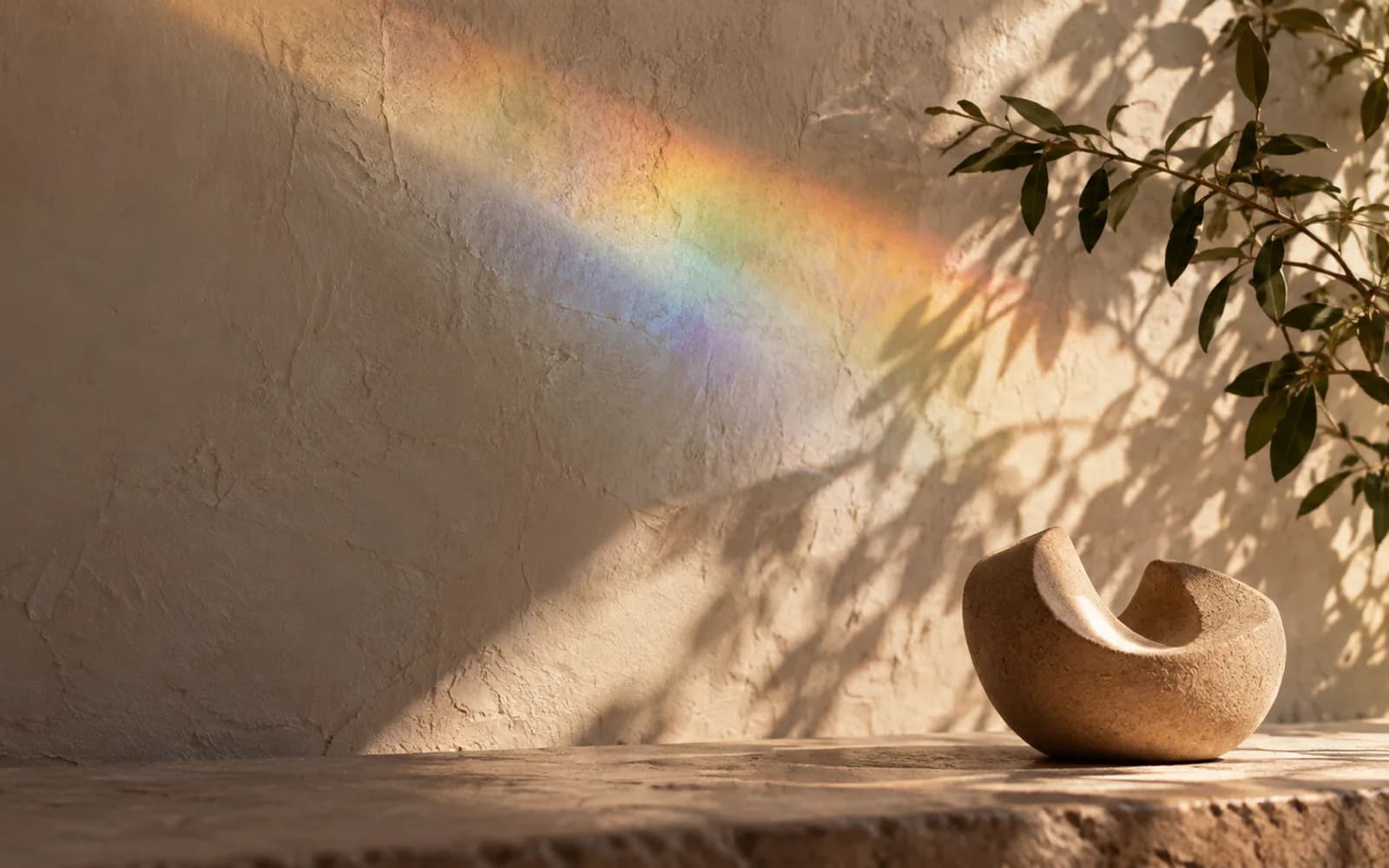 Sunlight makes a soft prism beside a clay sculpture.