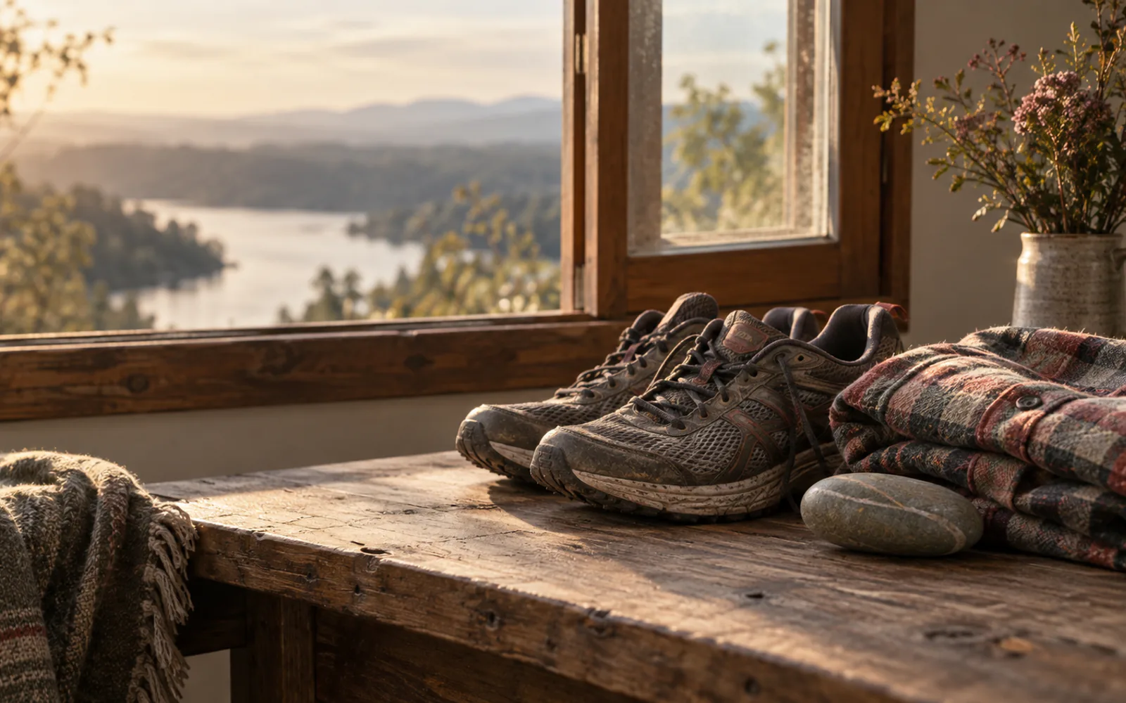 Worn running shoes and a folded flannel shirt near a window.