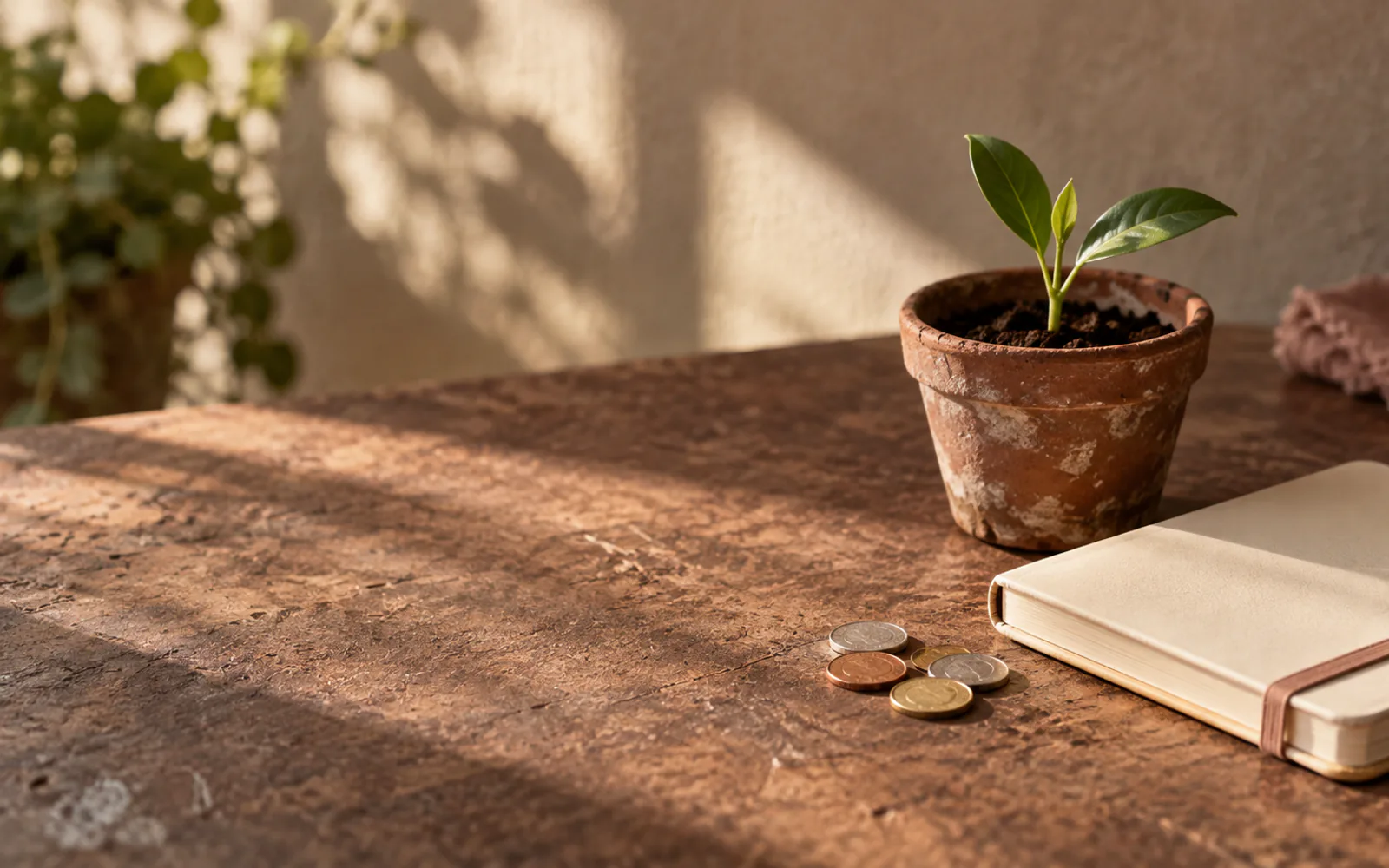 Coins, a blank notebook and a small sprout on a wooden table.