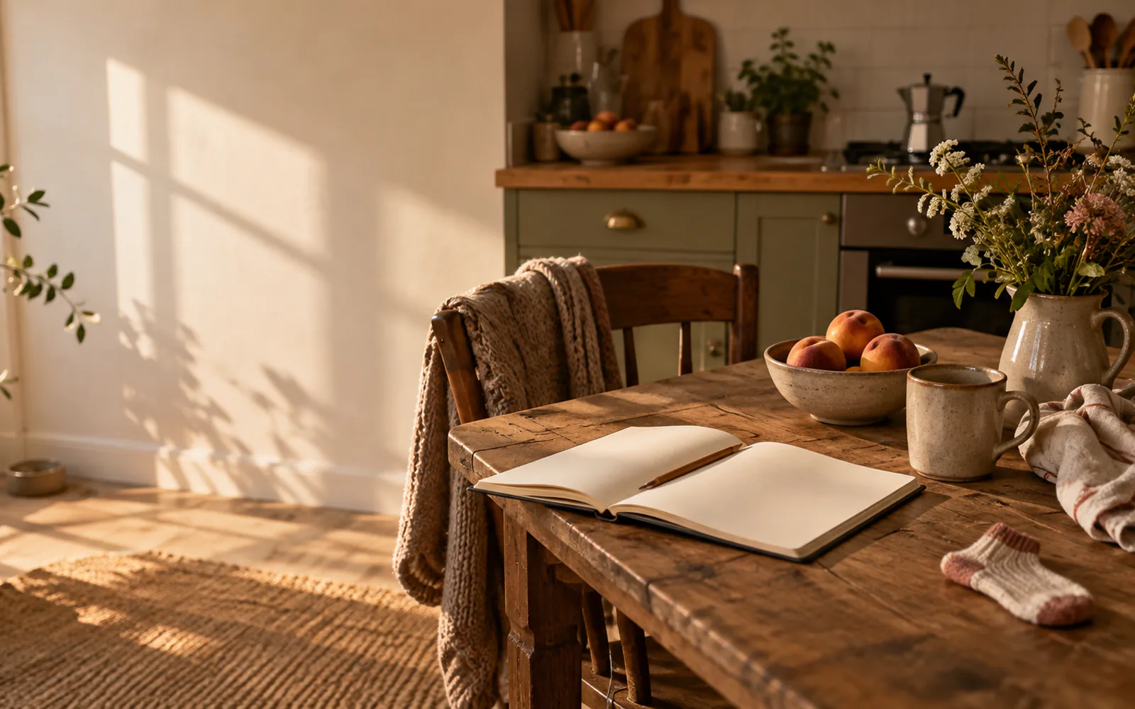 A sunlit home table with a cardigan, fruit bowl and notebook.