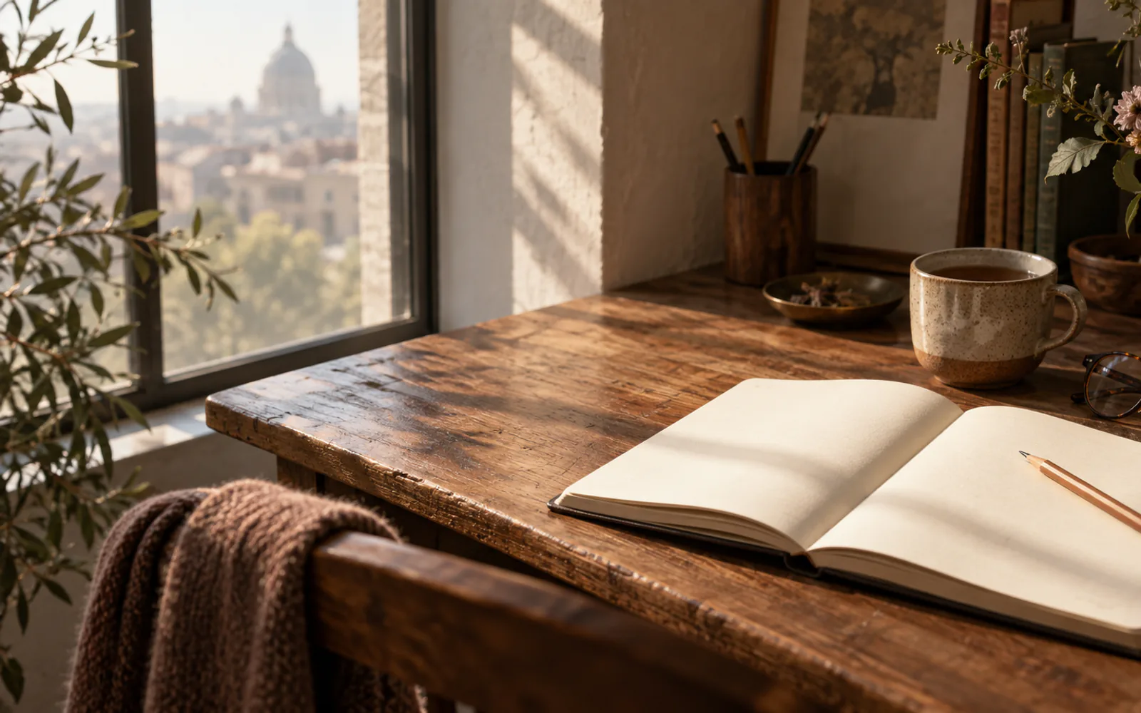 A notebook and pencil on a sunlit wooden work desk.